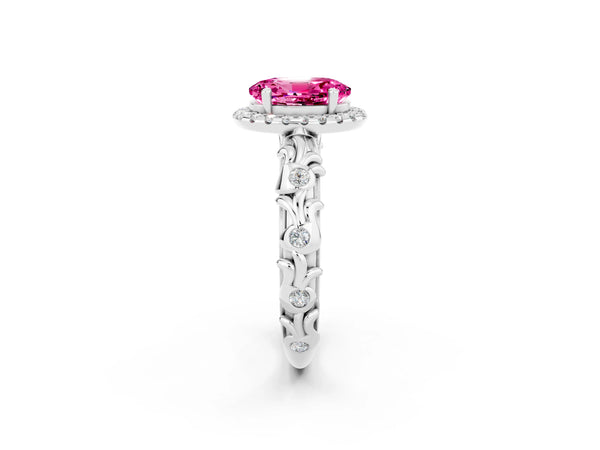 Platinum Oval Cut Pink Sapphire Halo Ring with Filigree Band and Prong Setting