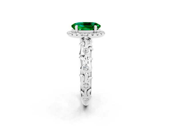Silver Oval Cut Emerald Halo Ring with Filigree Band and Prong Setting