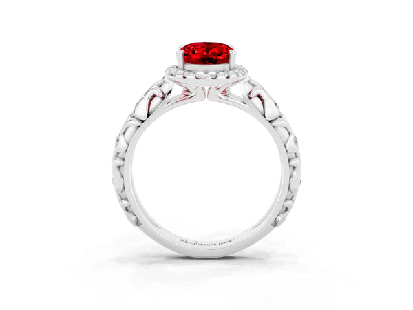 Silver Oval Cut Ruby Halo Ring with Filigree Band and Prong Setting