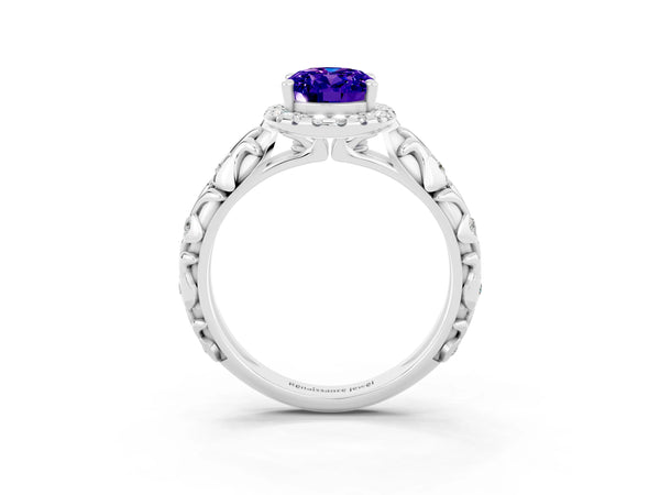 Platinum Oval Cut Tanzanite Halo Ring with Filigree Band and Prong Setting
