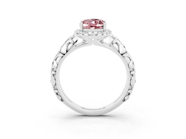 Platinum Oval Cut Halo Diamond Solitaire with Filigree Band and Four-Prong Setting