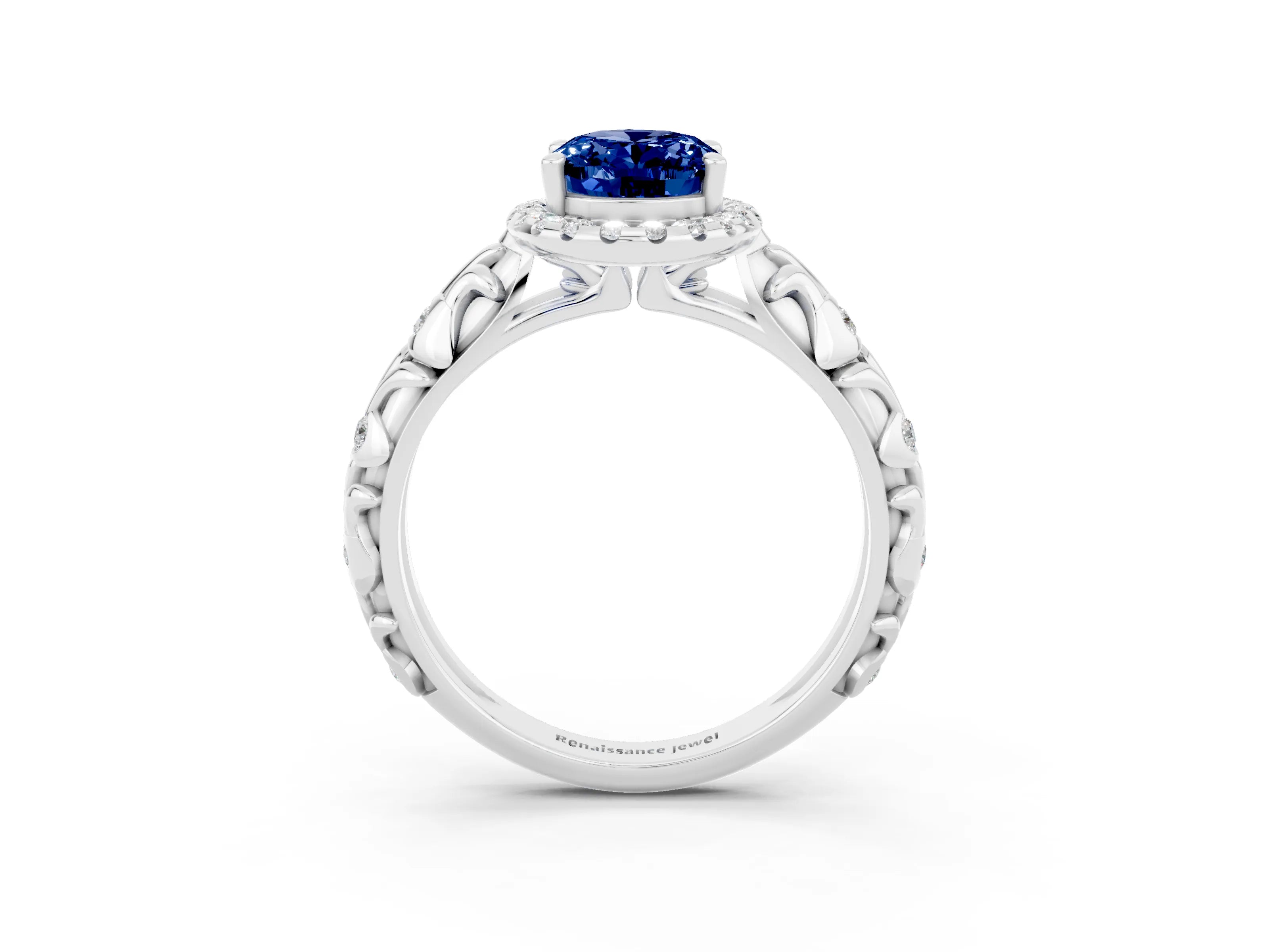 White gold Oval Cut Halo Diamond Solitaire with Filigree Band and Four-Prong Setting_3