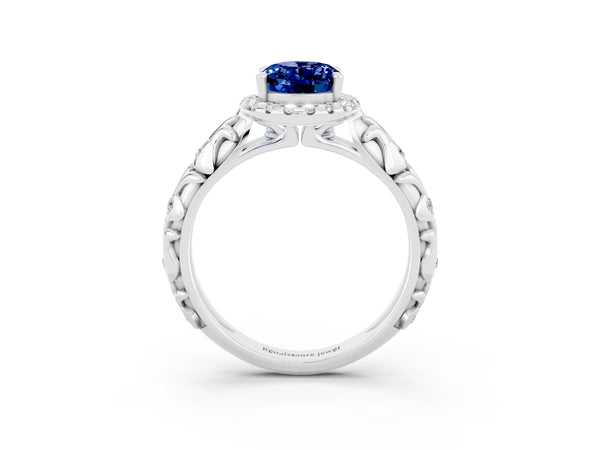 Silver Oval Cut Blue Sapphire Halo Ring with Filigree Band and Prong Setting