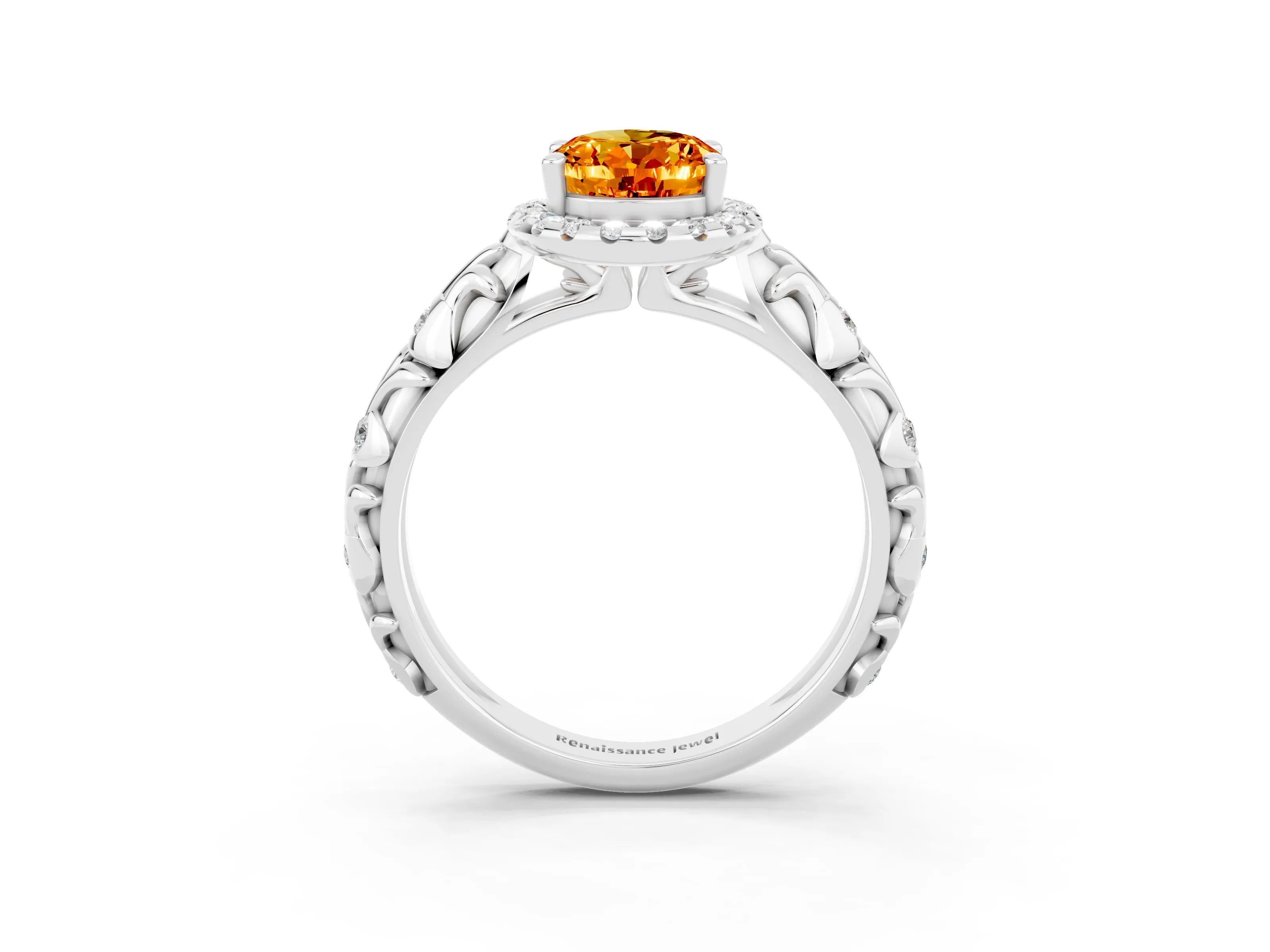 White gold Oval Cut Halo Diamond Solitaire with Filigree Band and Four-Prong Setting_3