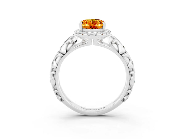 Silver Oval Cut Citrine Halo Ring with Filigree Band and Prong Setting