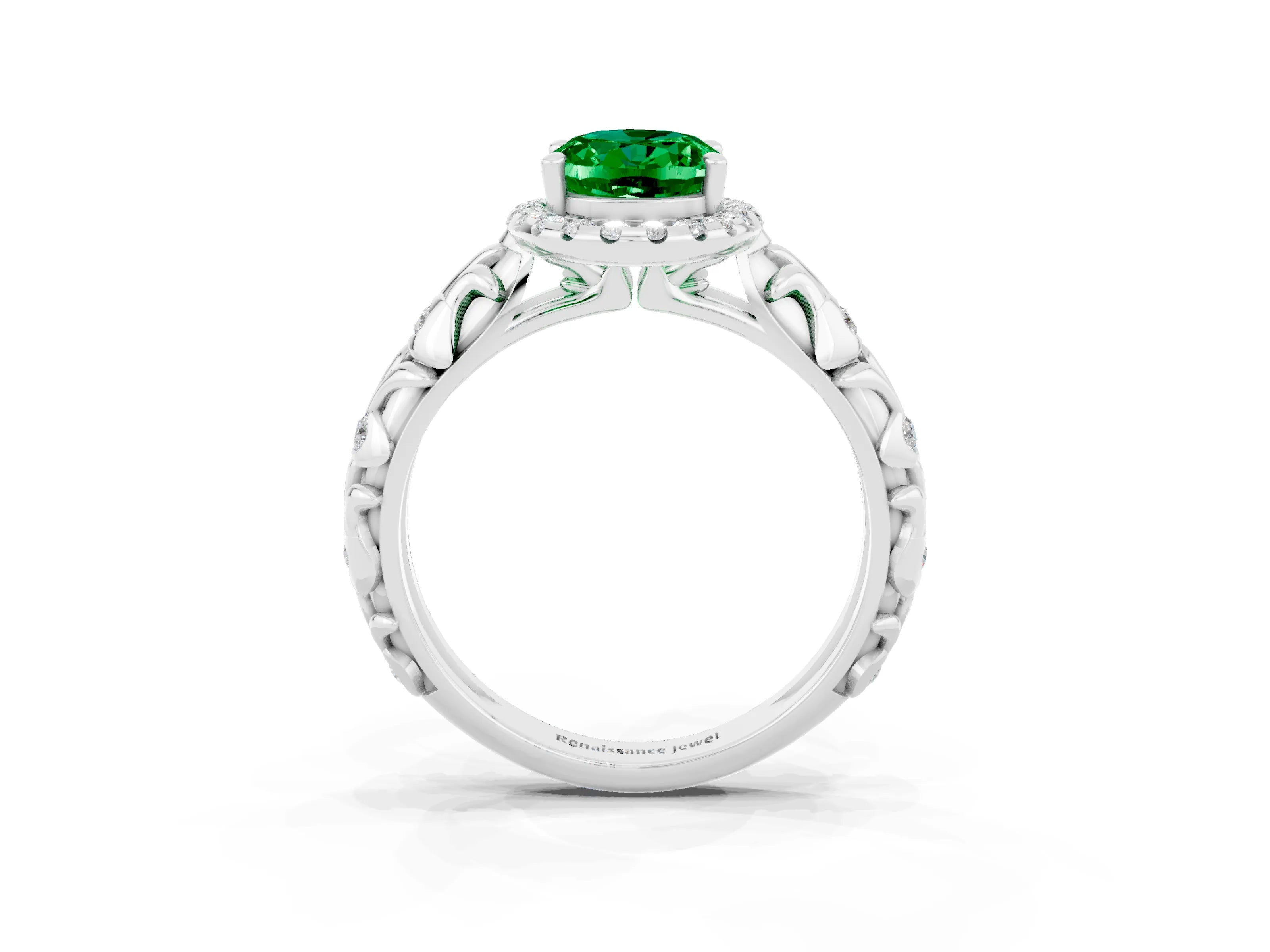 White gold Oval Cut Halo Diamond Solitaire with Filigree Band and Four-Prong Setting_3