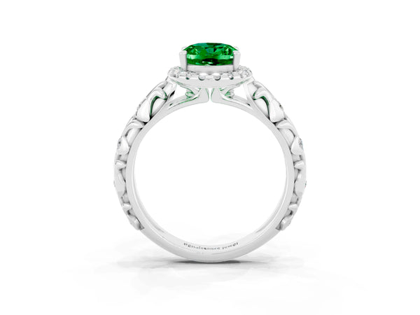 Silver Oval Cut Emerald Halo Ring with Filigree Band and Prong Setting