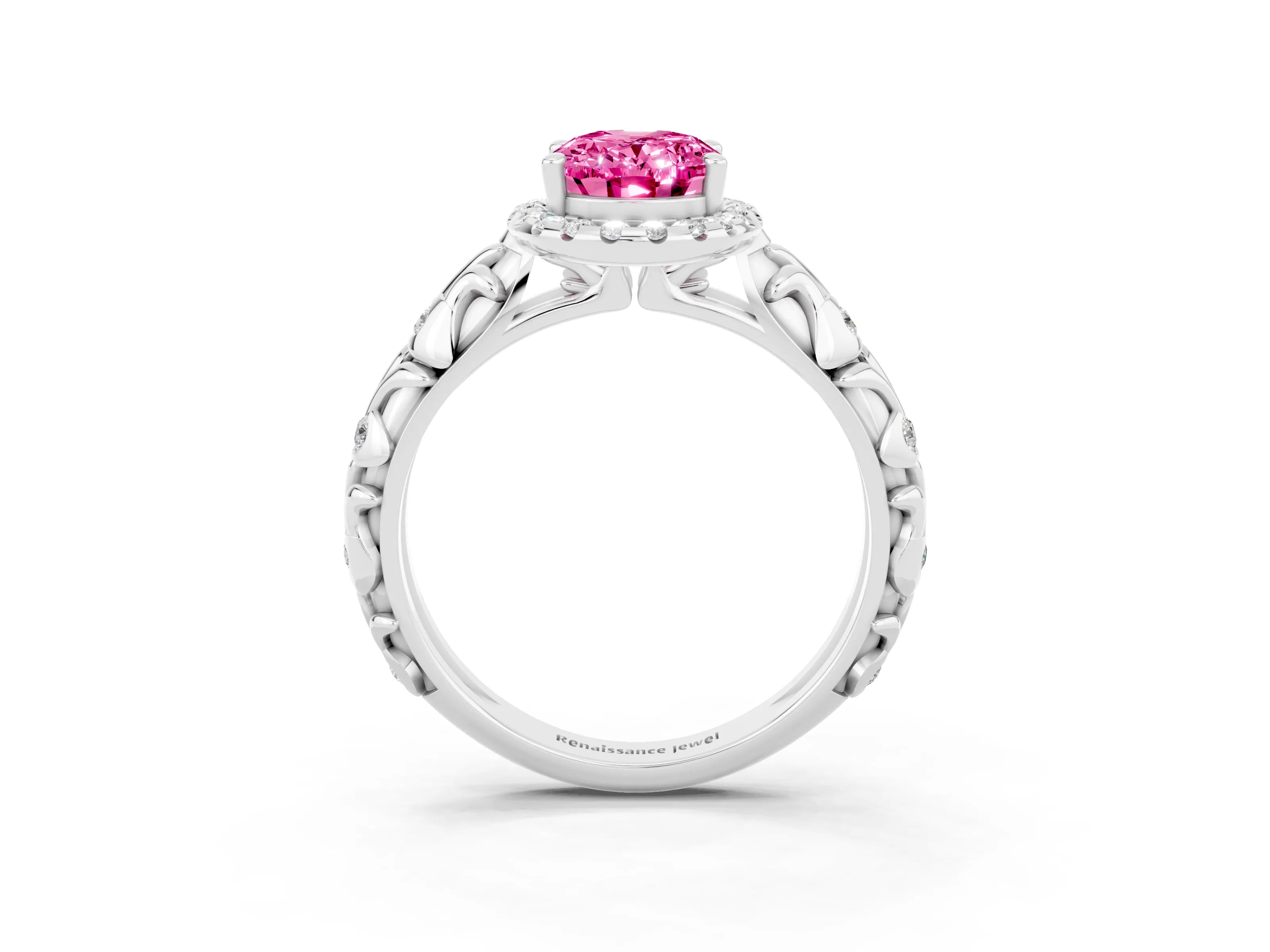 White gold Oval Cut Halo Diamond Solitaire with Filigree Band and Four-Prong Setting_3