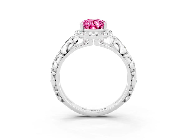 Platinum Oval Cut Pink Sapphire Halo Ring with Filigree Band and Prong Setting