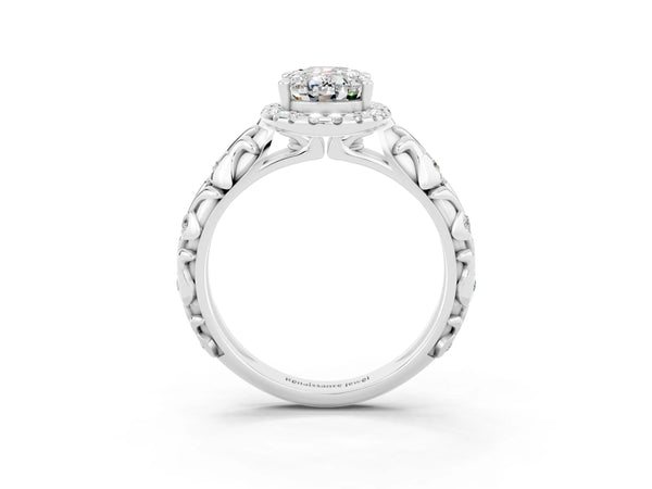 Platinum Oval Cut Moissanite Halo Ring with Filigree Band and Prong Setting