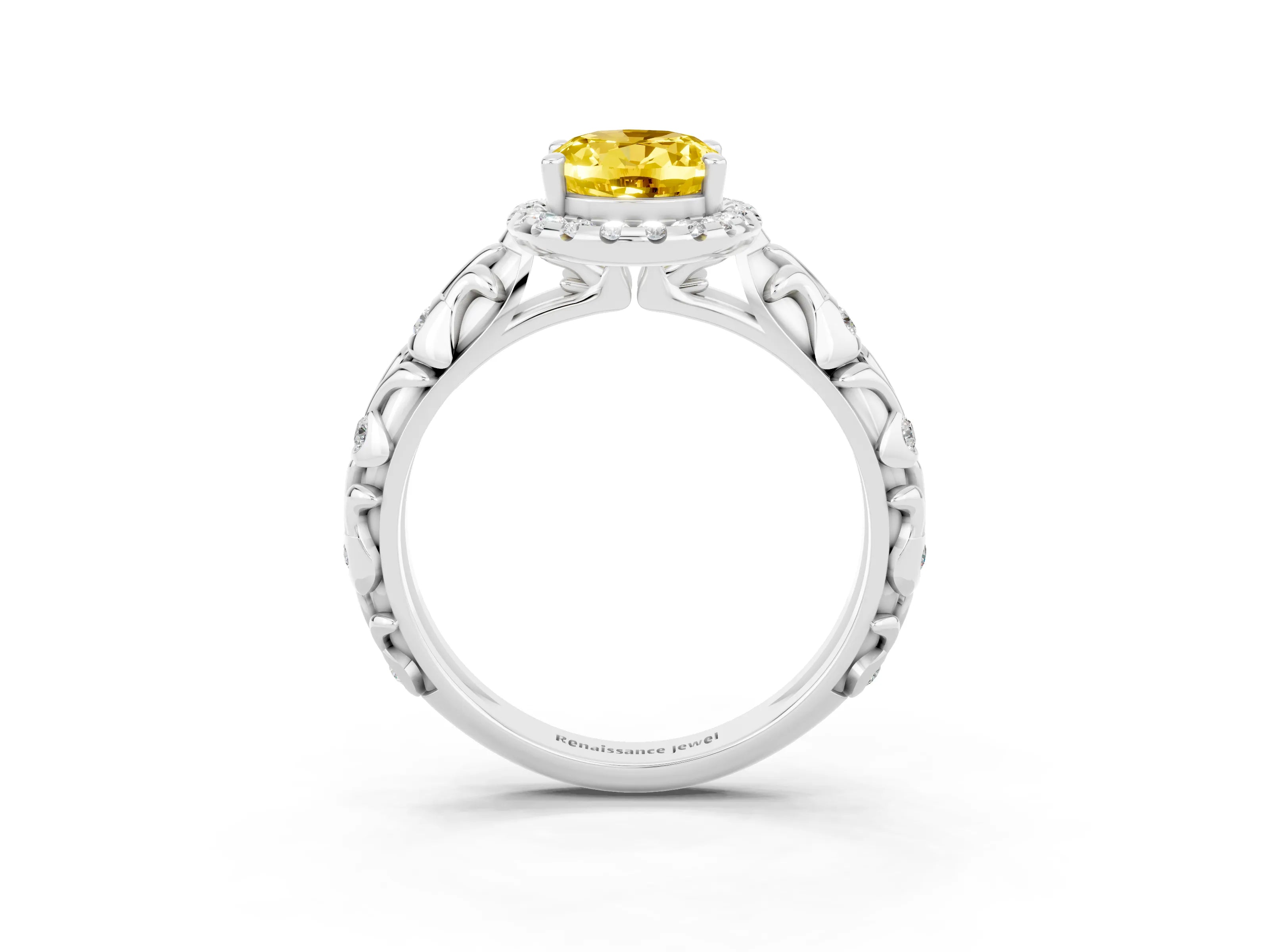 White gold Oval Cut Halo Diamond Solitaire with Filigree Band and Four-Prong Setting_3