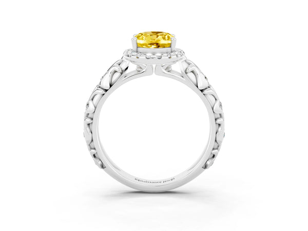 White gold Oval Cut Yellow Sapphire Halo Ring with Filigree Band and Prong Setting