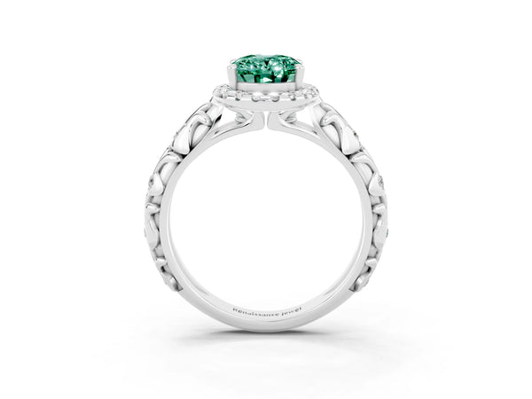 Silver Oval Cut Green Sapphire Halo Ring with Filigree Band and Prong Setting
