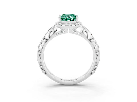 White gold Oval Cut Halo Diamond Solitaire with Filigree Band and Four-Prong Setting_3