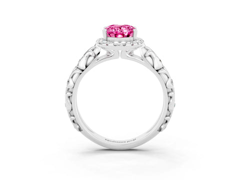 White gold Oval Cut Halo Diamond Solitaire with Filigree Band and Four-Prong Setting_3
