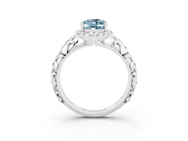 Platinum Oval Cut Aquamarine Halo Ring with Filigree Band and Prong Setting