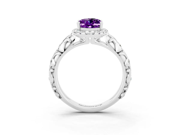 White gold Oval Cut Amethyst Halo Ring with Filigree Band and Prong Setting