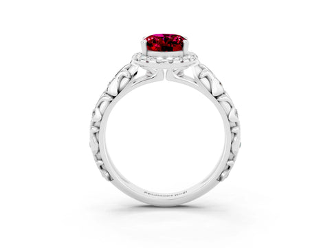 White gold Oval Cut Halo Diamond Solitaire with Filigree Band and Four-Prong Setting_3