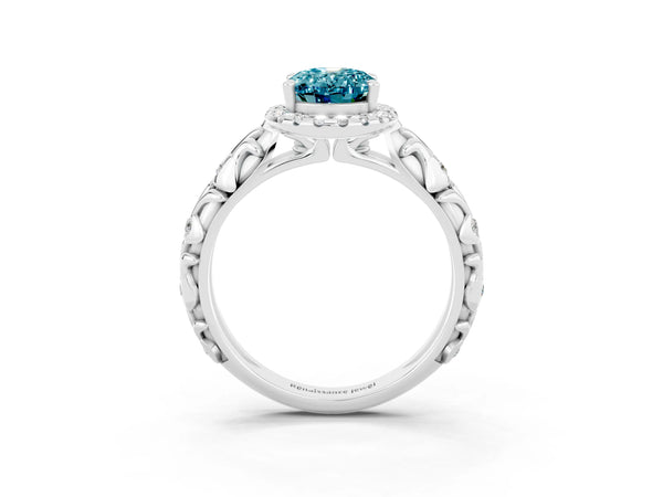 Platinum Oval Cut Halo Diamond Solitaire with Filigree Band and Four-Prong Setting