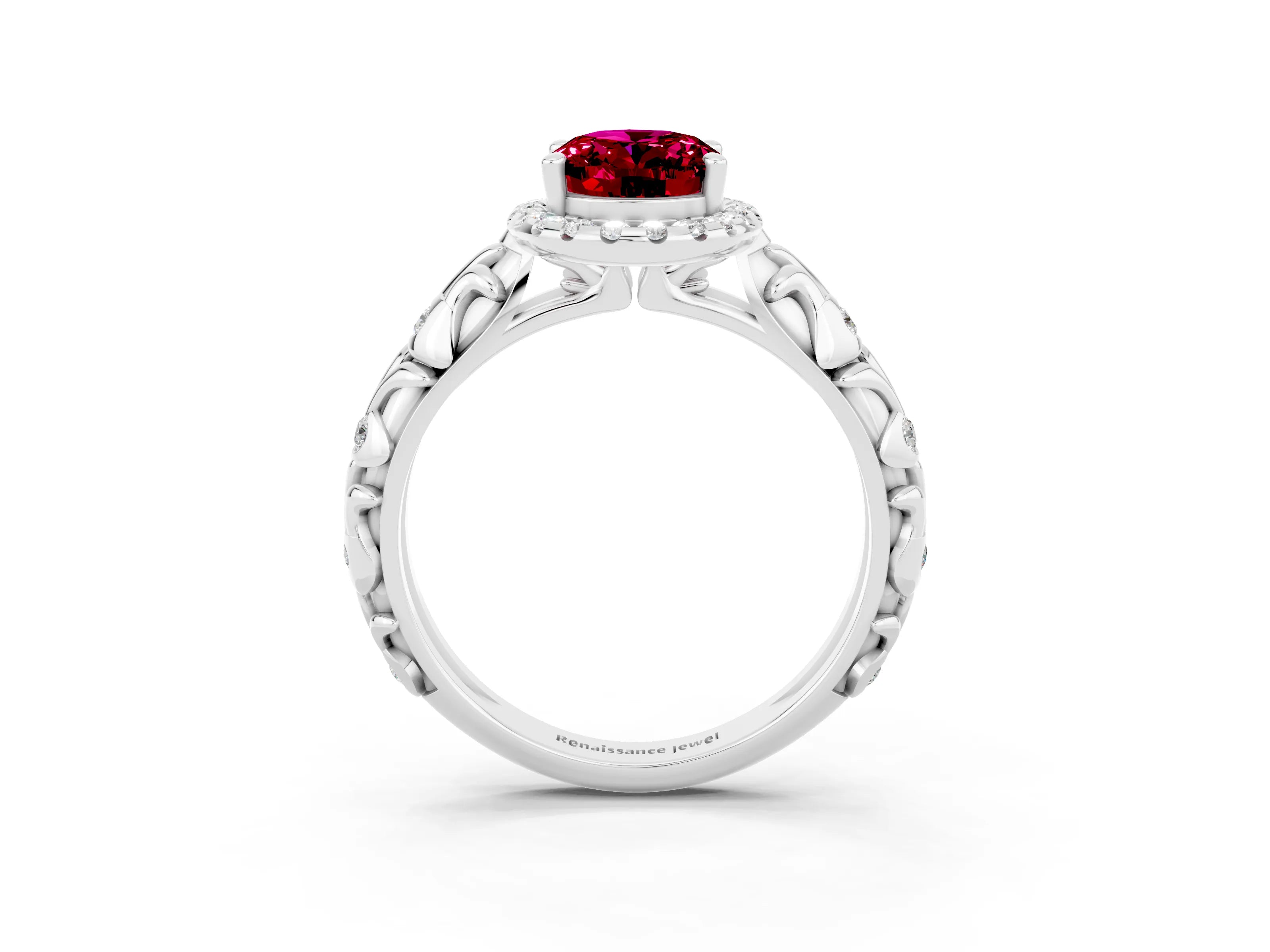 White gold Oval Cut Halo Diamond Solitaire with Filigree Band and Four-Prong Setting_3