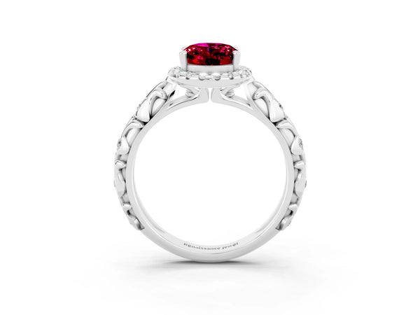 Platinum Oval Cut Garnet Halo Ring with Filigree Band and Prong Setting