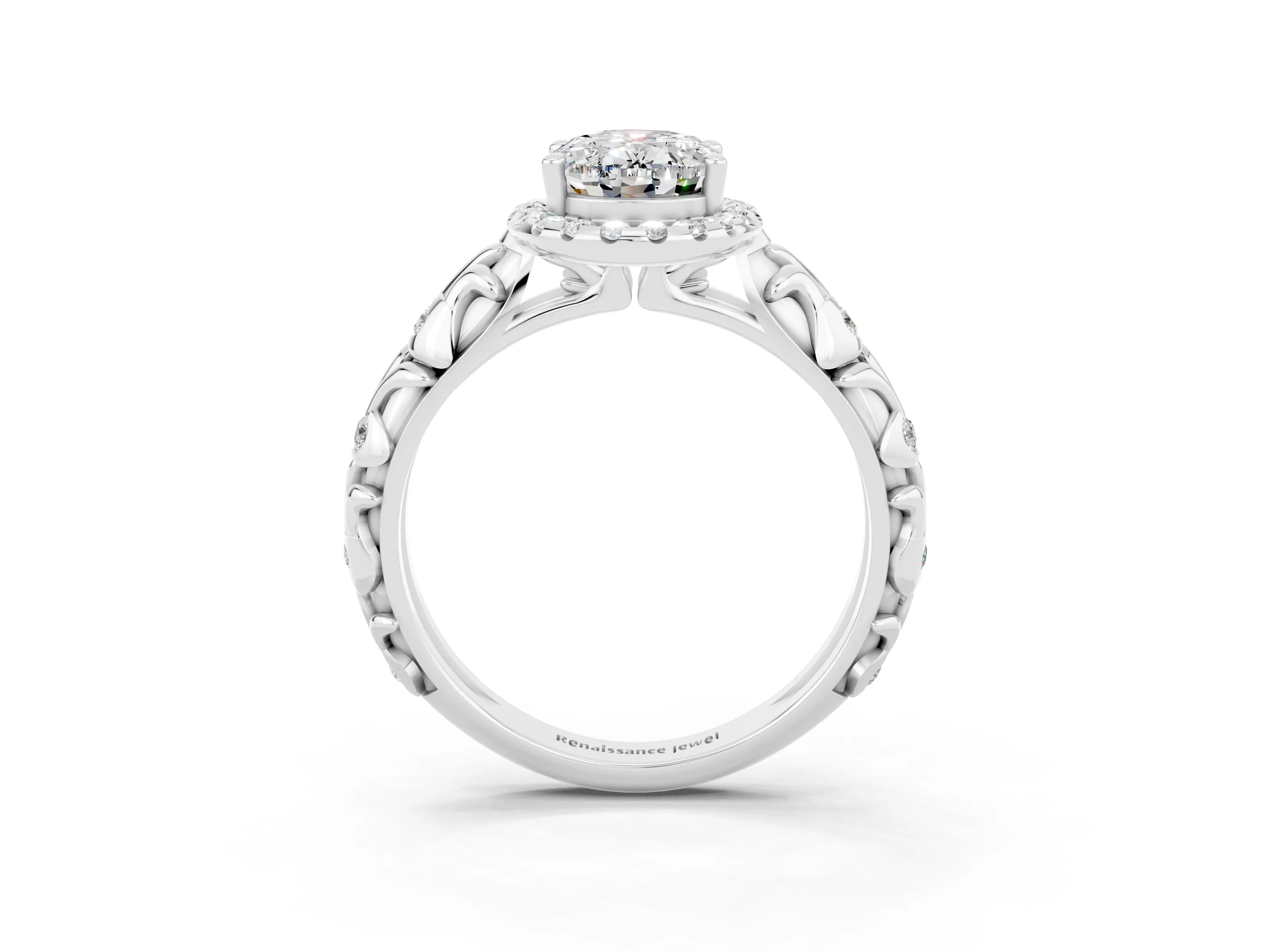 White gold Oval Cut Halo Diamond Solitaire with Filigree Band and Four-Prong Setting_3