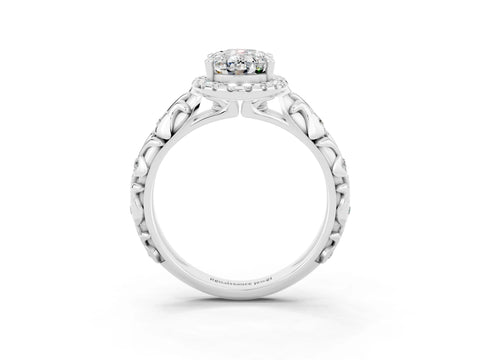 White gold Oval Cut Halo Diamond Solitaire with Filigree Band and Four-Prong Setting_3