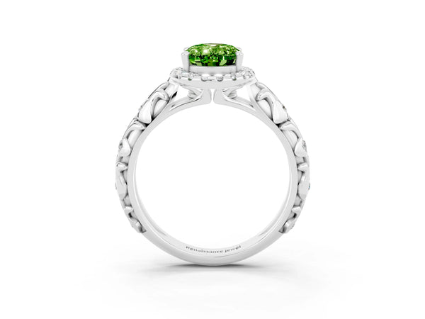 White gold Oval Cut Peridot Halo Ring with Filigree Band and Prong Setting
