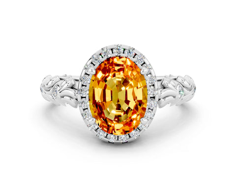 White gold Oval Cut Halo Diamond Solitaire with Filigree Band and Four-Prong Setting