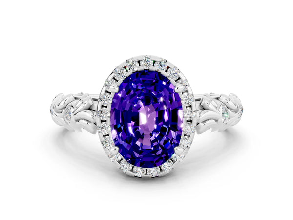 White gold Oval Cut Tanzanite Halo Ring with Filigree Band and Prong Setting