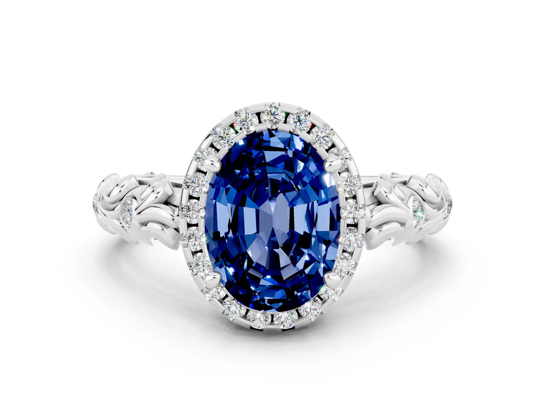 White gold Oval Cut Halo Diamond Solitaire with Filigree Band and Four-Prong Setting