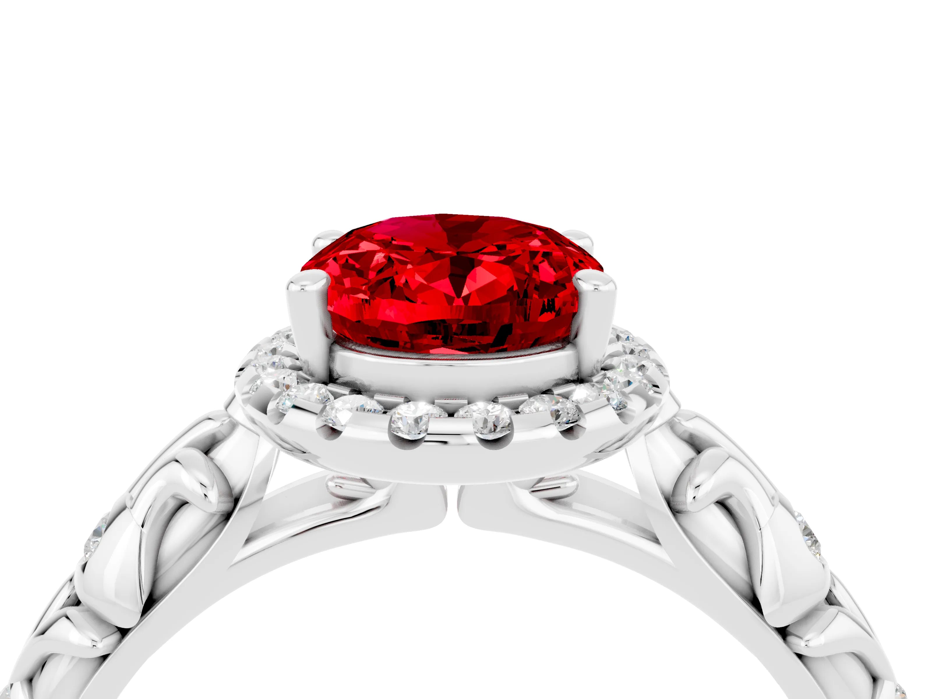White gold Oval Cut Halo Diamond Solitaire with Filigree Band and Four-Prong Setting_4