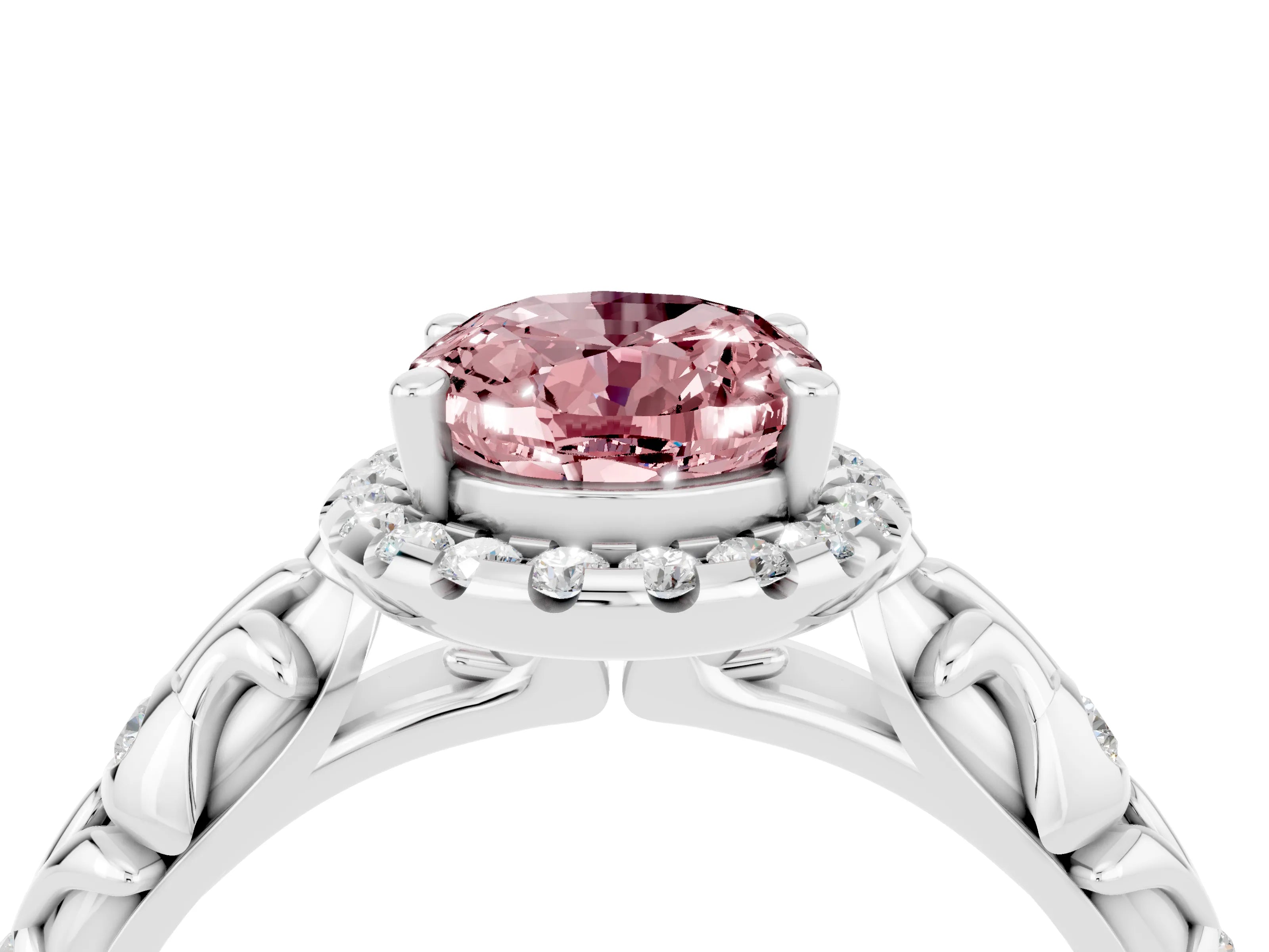 White gold Oval Cut Halo Diamond Solitaire with Filigree Band and Four-Prong Setting_4
