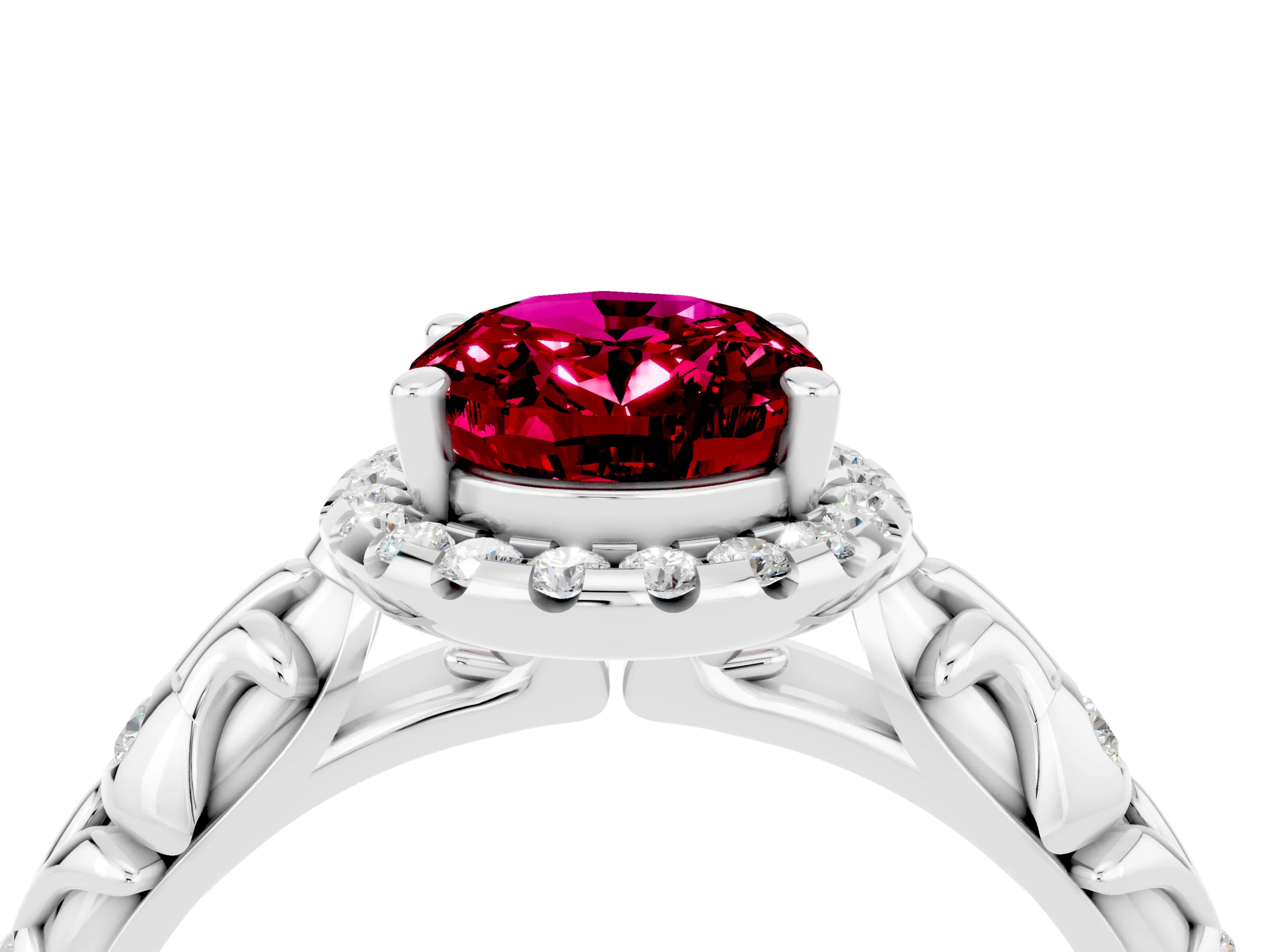 White gold Oval Cut Halo Diamond Solitaire with Filigree Band and Four-Prong Setting_4