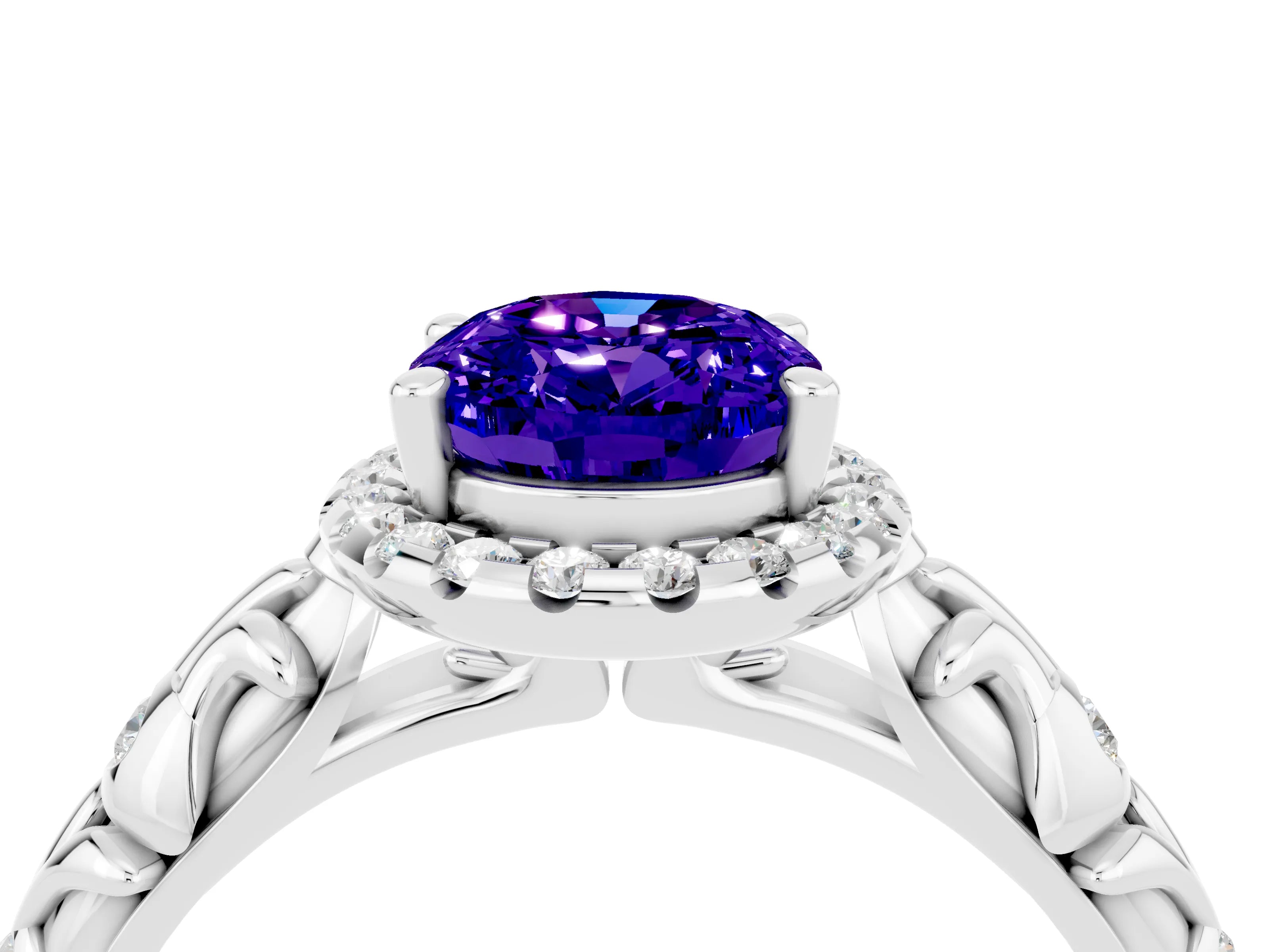 White gold Oval Cut Halo Diamond Solitaire with Filigree Band and Four-Prong Setting_4