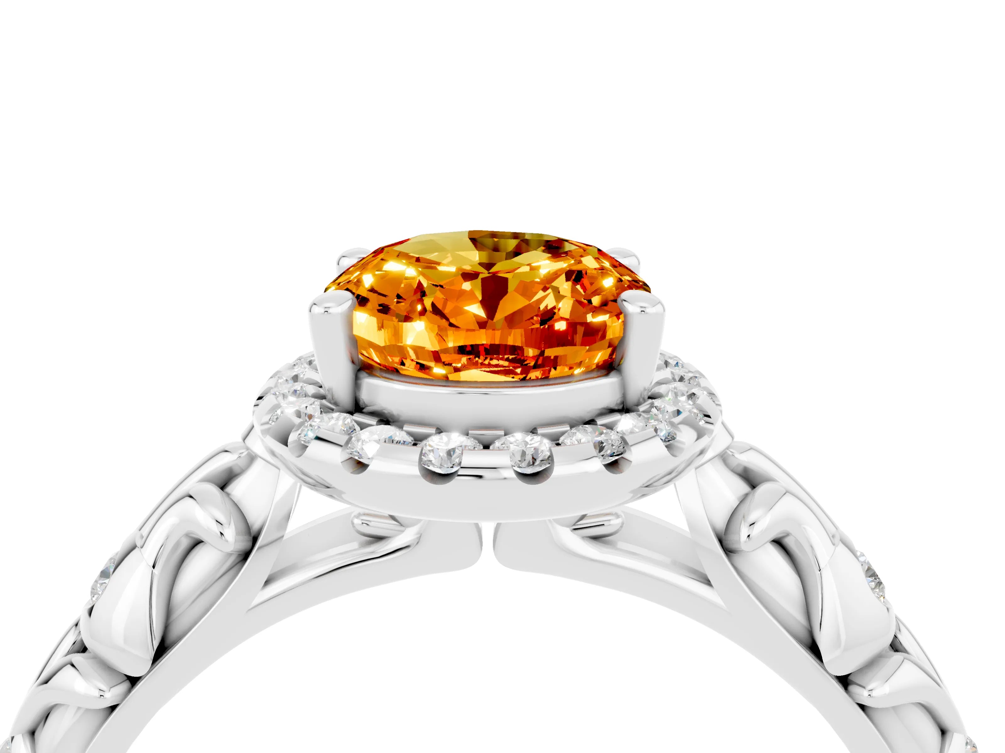 White gold Oval Cut Halo Diamond Solitaire with Filigree Band and Four-Prong Setting_4