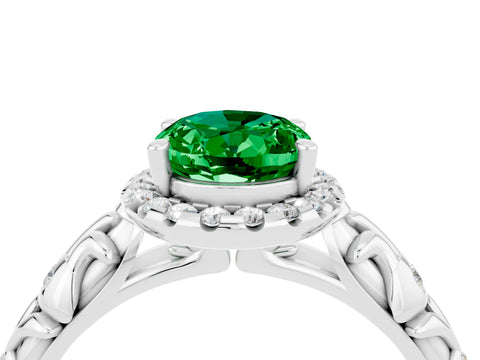 White gold Oval Cut Halo Diamond Solitaire with Filigree Band and Four-Prong Setting_4