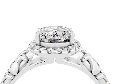 White gold Oval Cut Halo Diamond Solitaire with Filigree Band and Four-Prong Setting_4