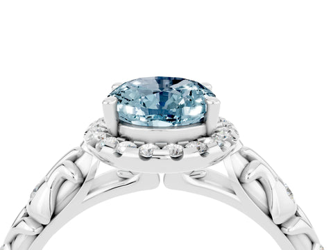 White gold Oval Cut Halo Diamond Solitaire with Filigree Band and Four-Prong Setting_4