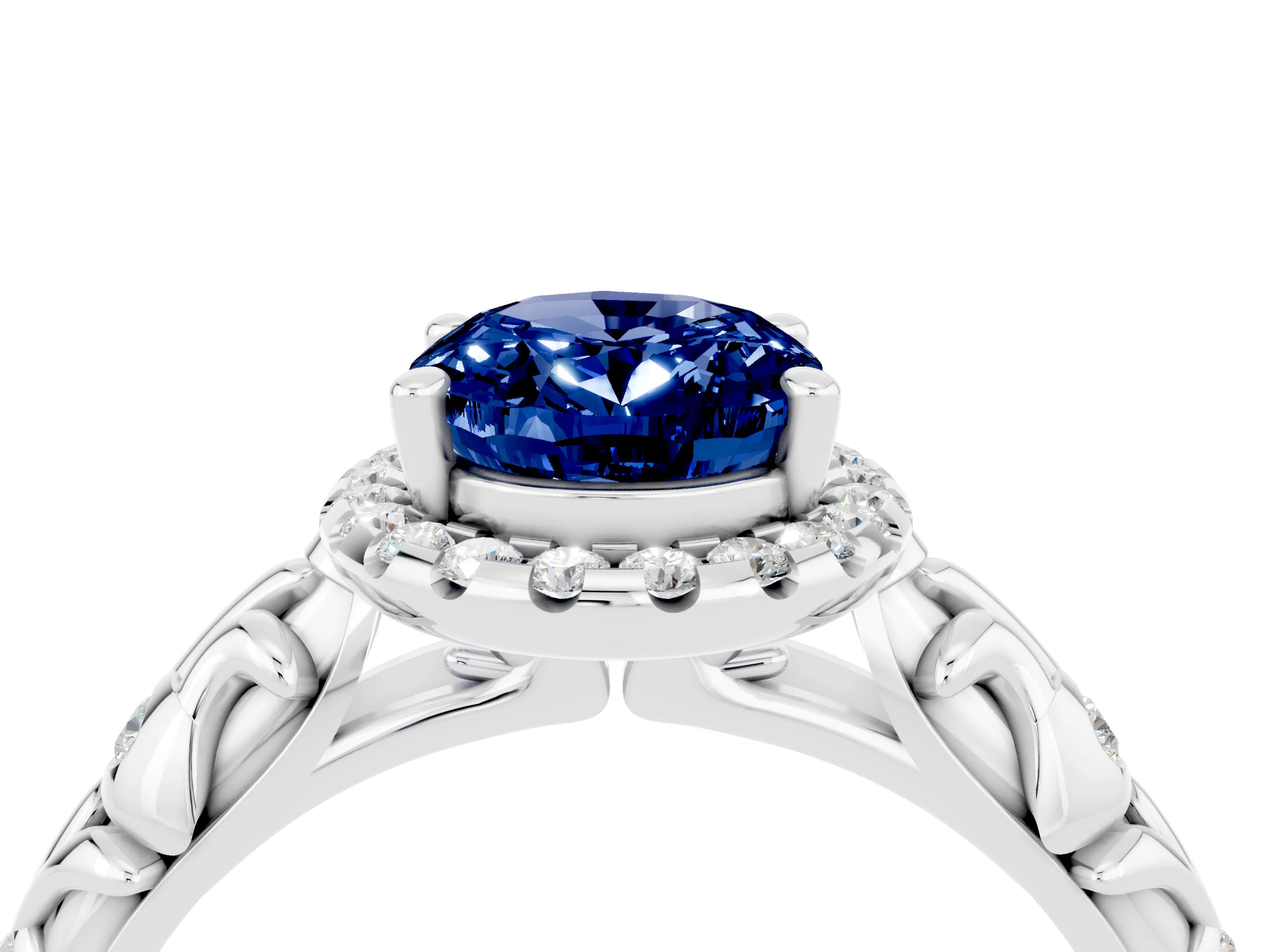 White gold Oval Cut Halo Diamond Solitaire with Filigree Band and Four-Prong Setting_4
