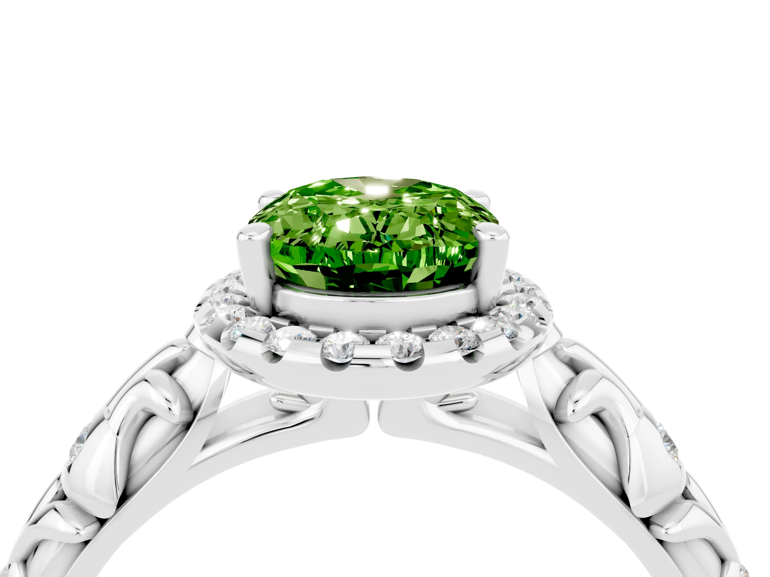 White gold Oval Cut Halo Diamond Solitaire with Filigree Band and Four-Prong Setting_4