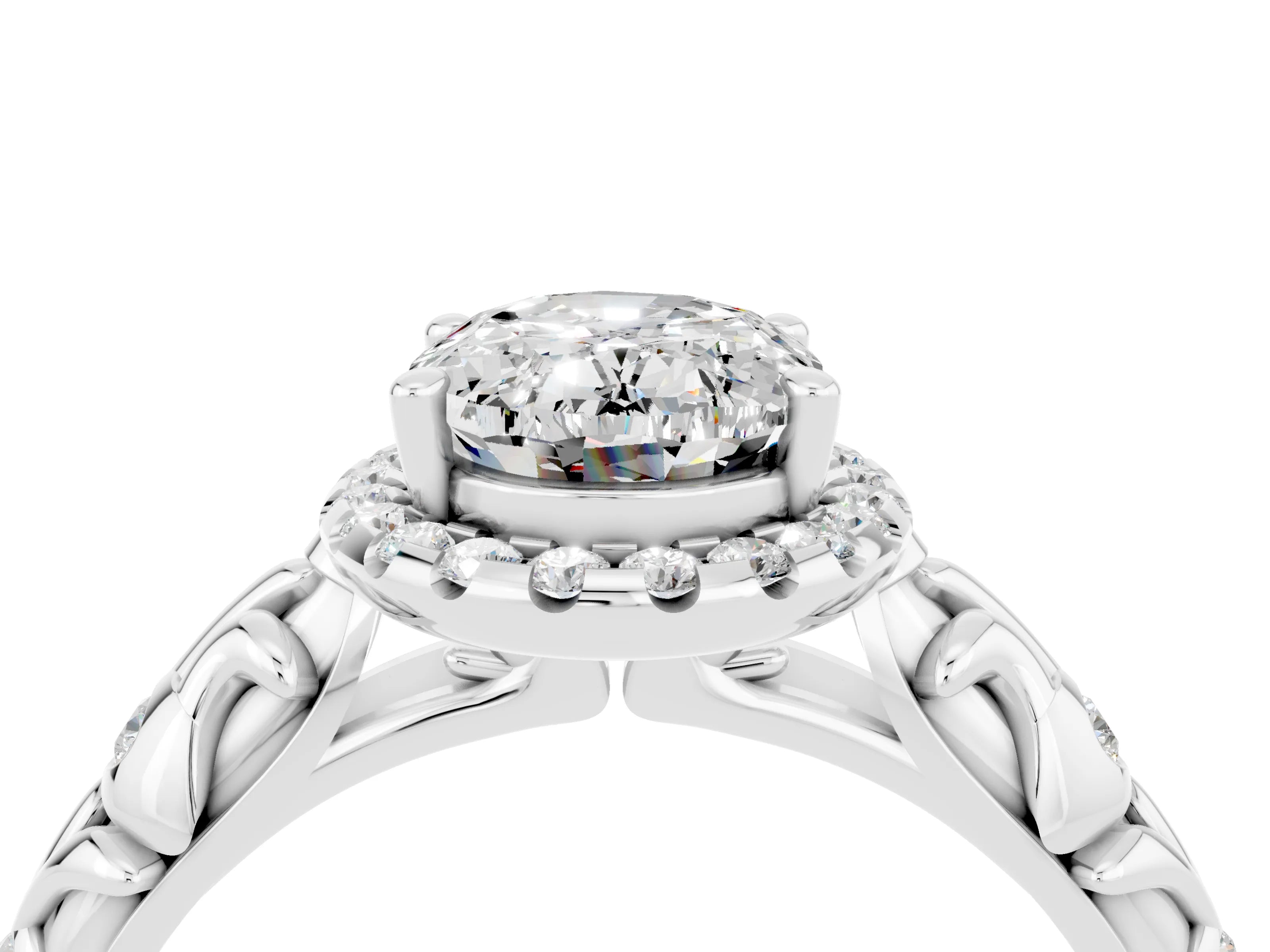 White gold Oval Cut Halo Diamond Solitaire with Filigree Band and Four-Prong Setting_4