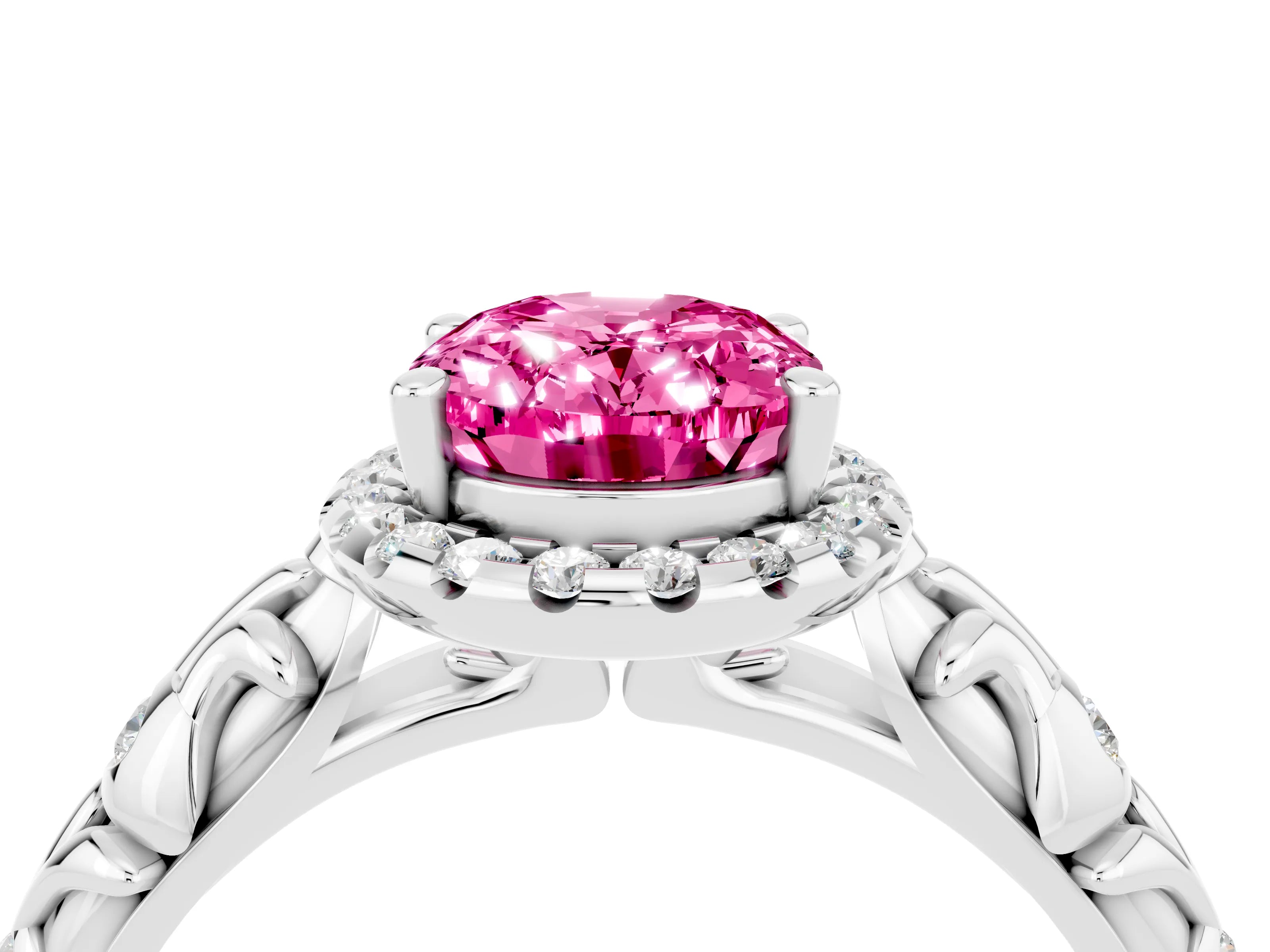 White gold Oval Cut Halo Diamond Solitaire with Filigree Band and Four-Prong Setting_4