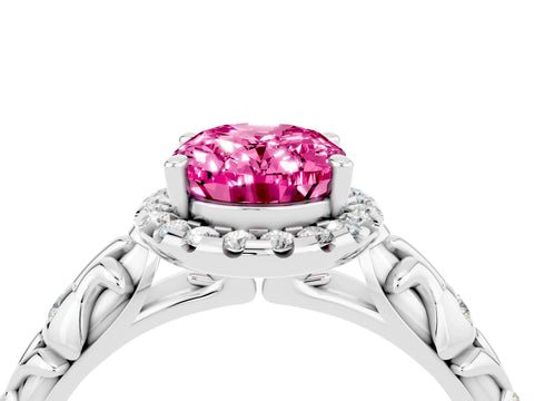 White gold Oval Cut Halo Diamond Solitaire with Filigree Band and Four-Prong Setting_4
