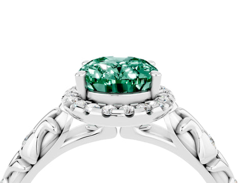 White gold Oval Cut Halo Diamond Solitaire with Filigree Band and Four-Prong Setting_4