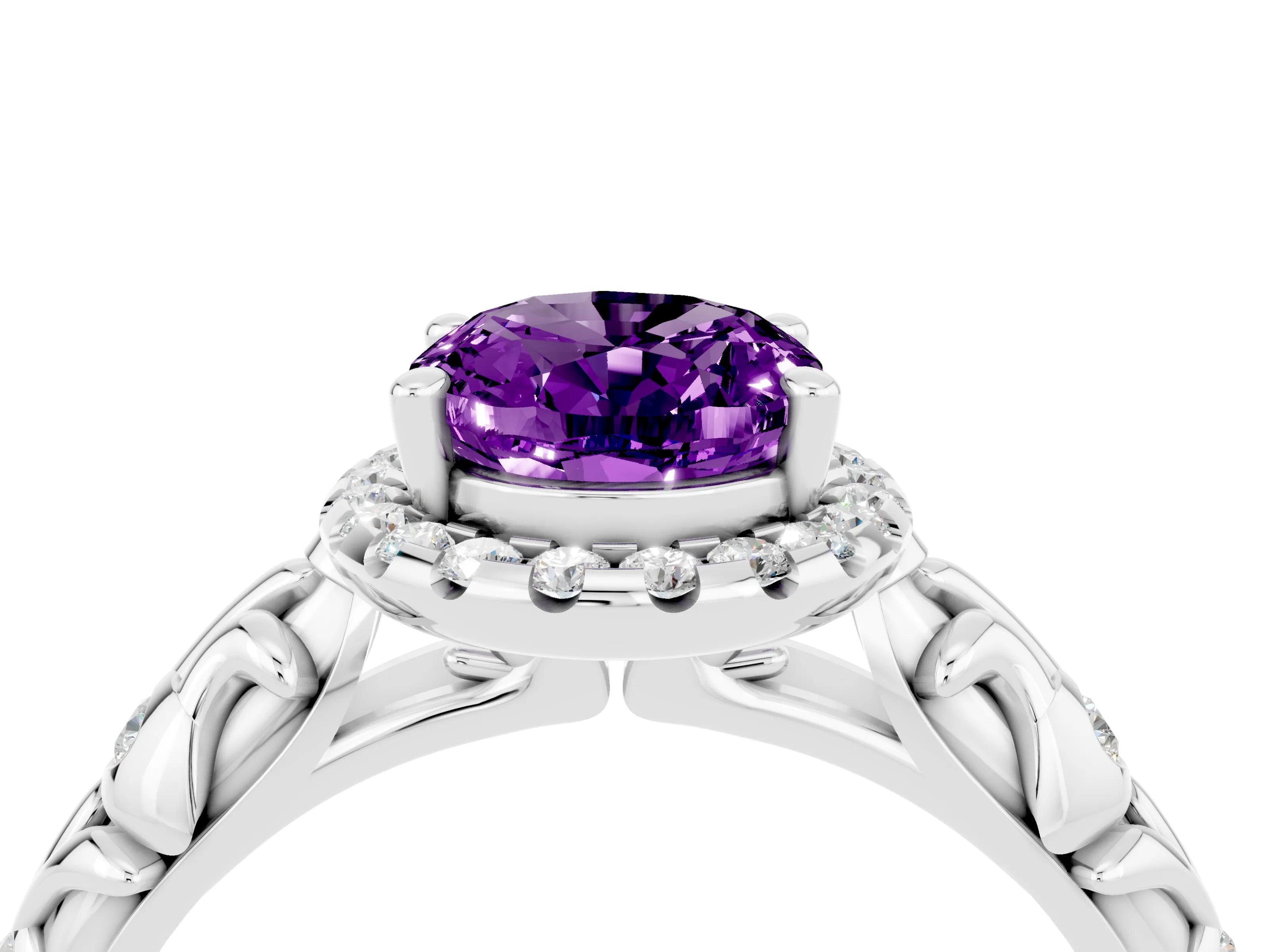 White gold Oval Cut Halo Diamond Solitaire with Filigree Band and Four-Prong Setting_4
