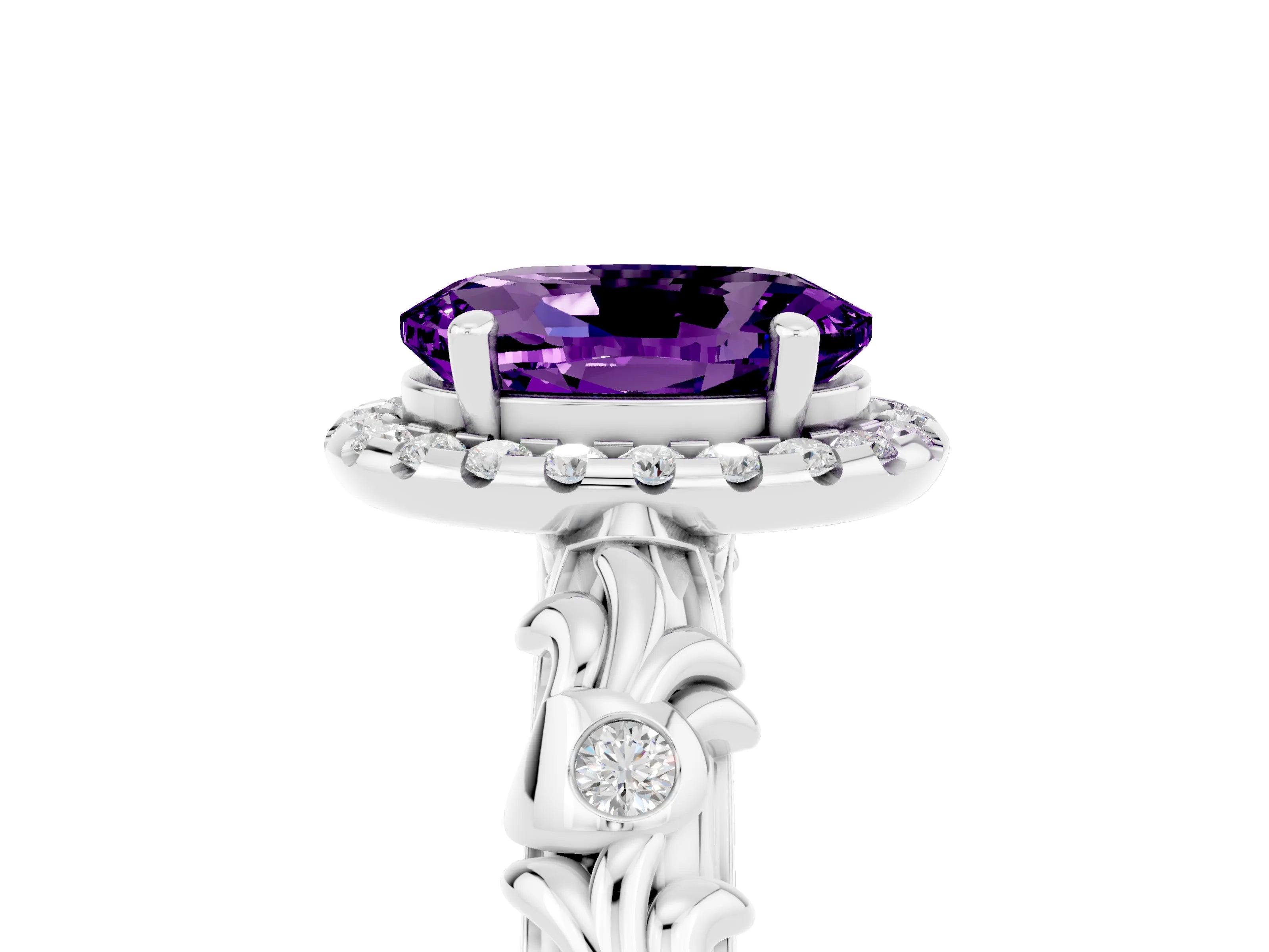 White gold Oval Cut Halo Diamond Solitaire with Filigree Band and Four-Prong Setting_5