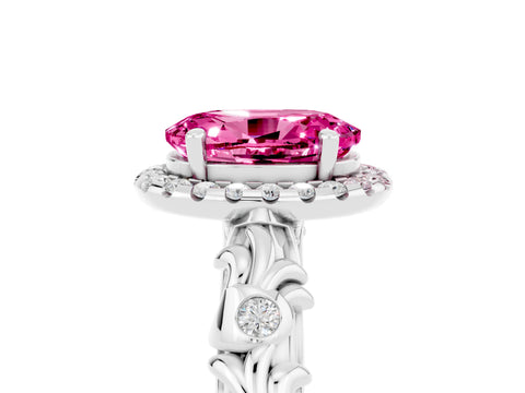 White gold Oval Cut Halo Diamond Solitaire with Filigree Band and Four-Prong Setting_5