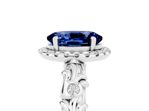 White gold Oval Cut Halo Diamond Solitaire with Filigree Band and Four-Prong Setting_5