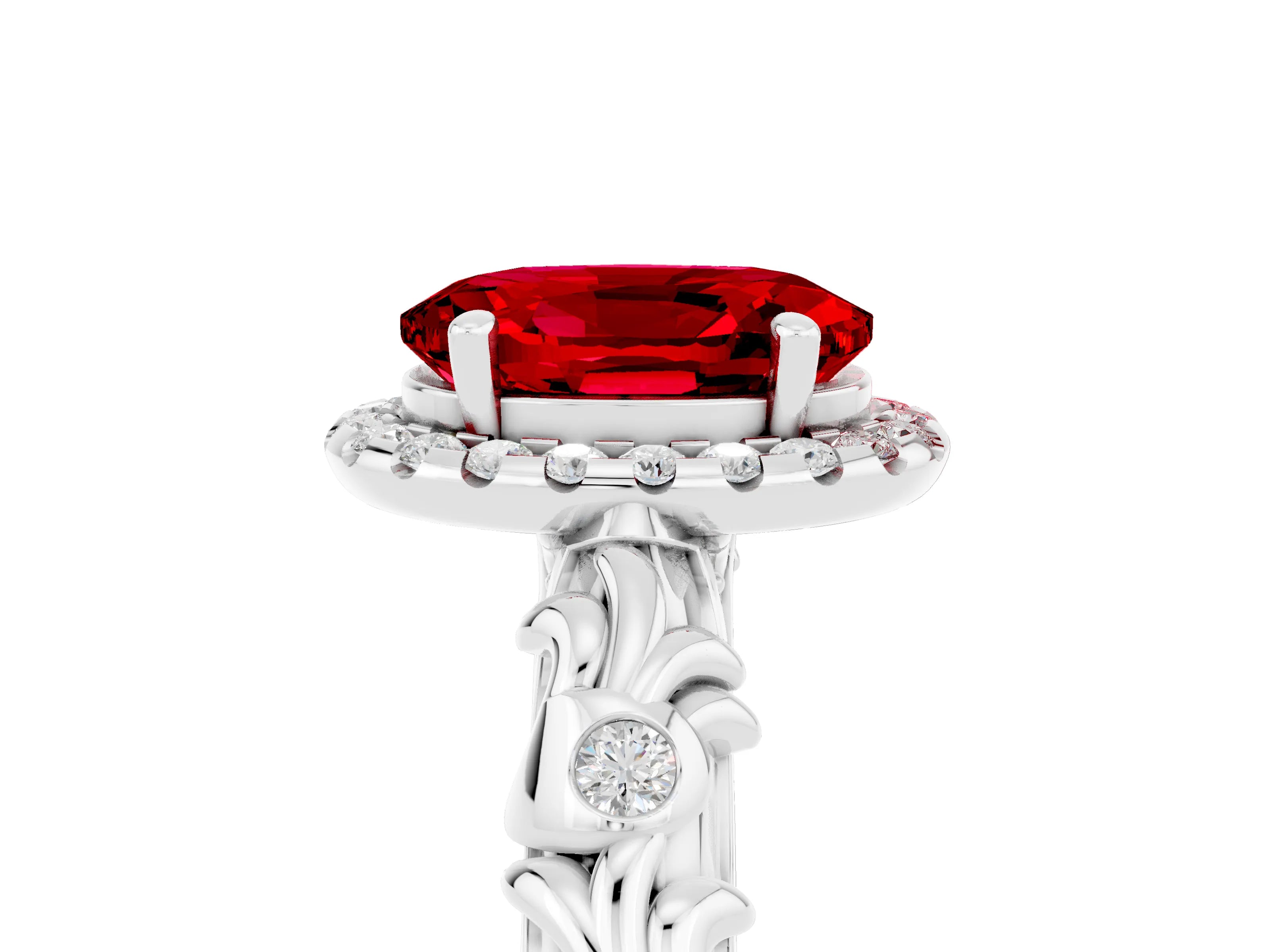White gold Oval Cut Halo Diamond Solitaire with Filigree Band and Four-Prong Setting_5